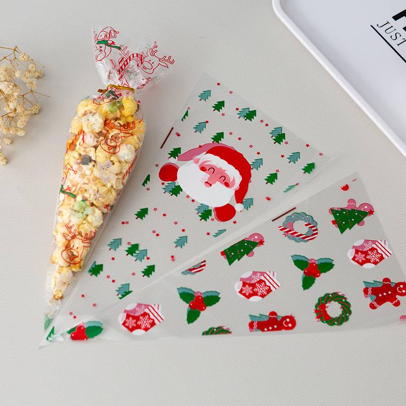 In Stock Christmas Clear Transparent Triangle Cone Shape Plastic Popcorn Packaging Bag