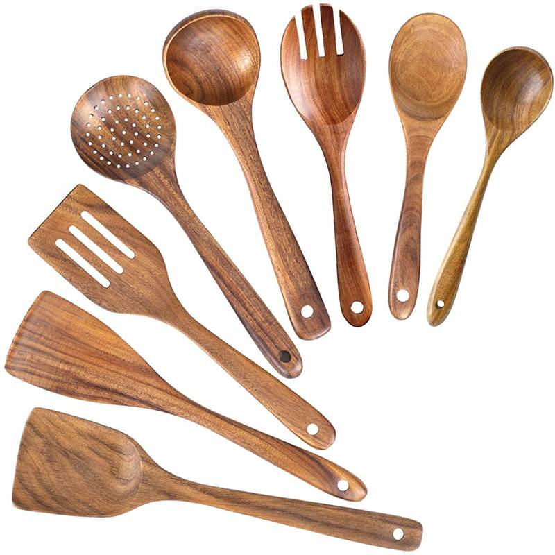 Eco Friendly Biodegradable Reusable Bamboo Teak Wooden Kitchen Spatula Spoon Cooking Tools Utensils Set With Utensils Holder